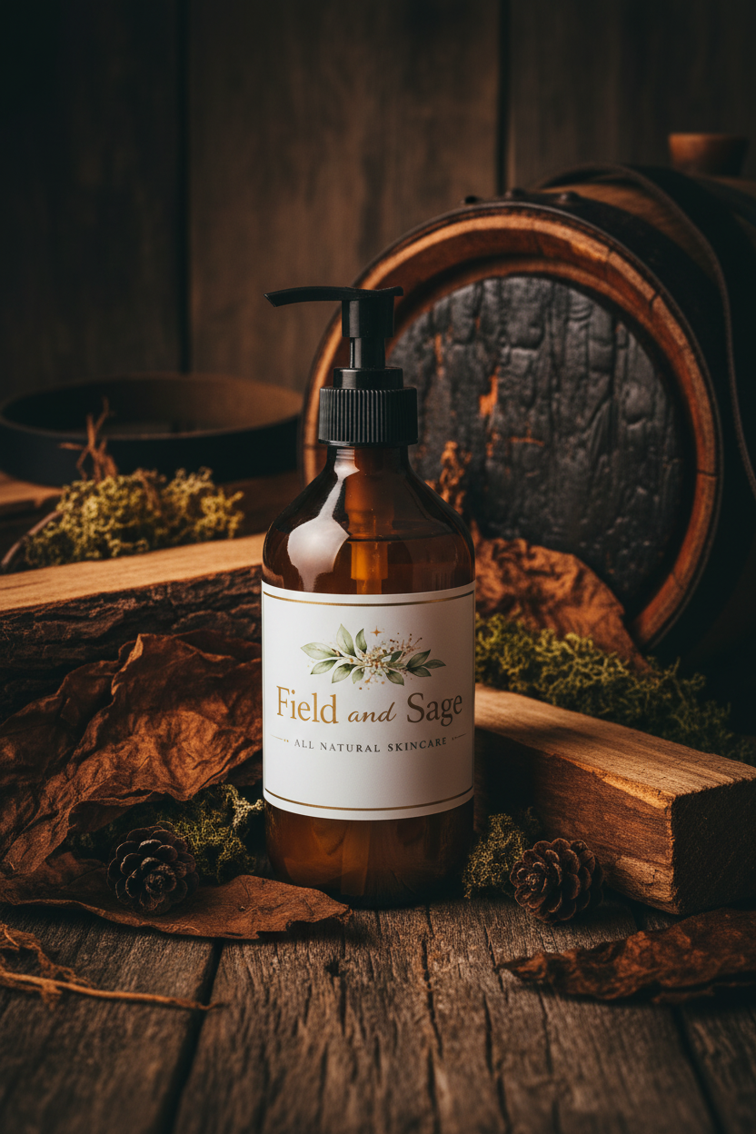 Field and Sage amber bottle with masculine woody background