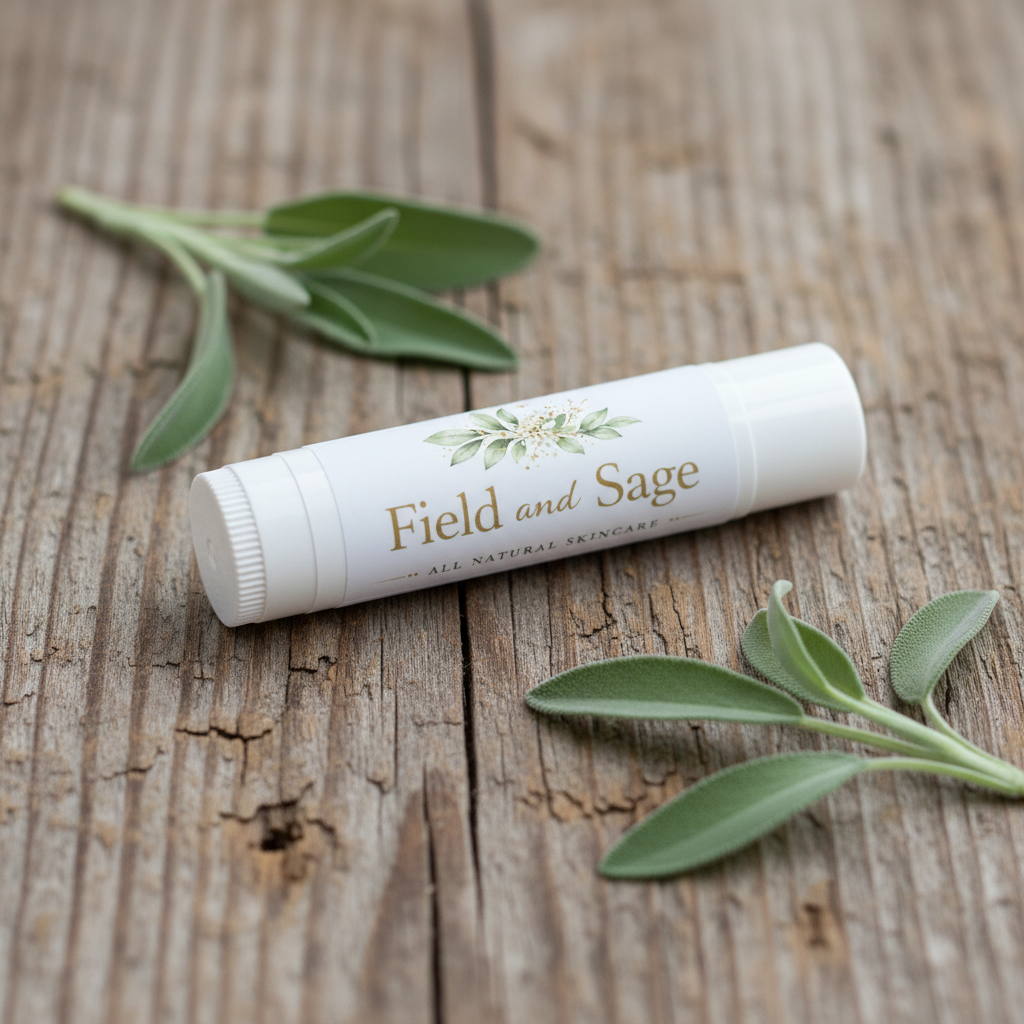Field and Sage lip balm on aged wood with sage